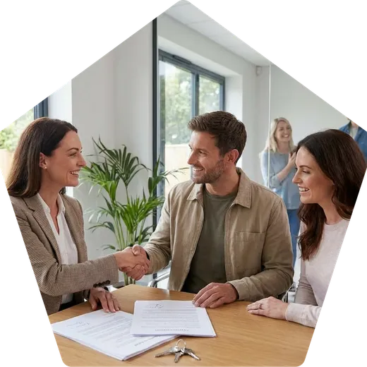 Agent shaking hands with happy home buyers
