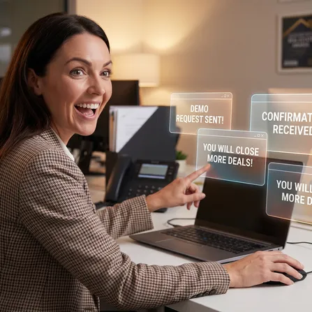 Agent celebrating a closed deal at her desk